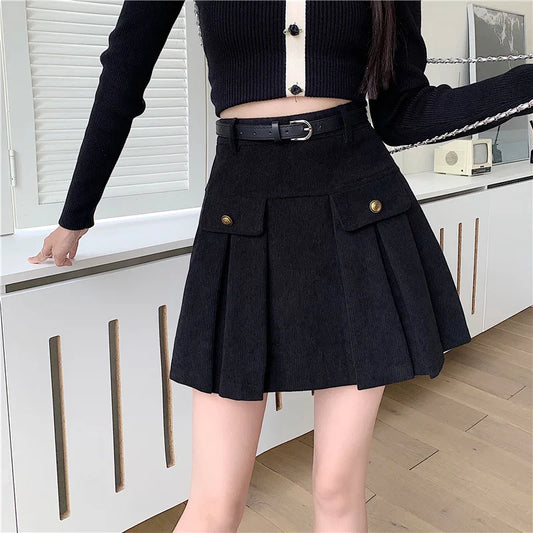 FashionSierra - New Autumn Winter Corduroy Womens Vintage Buttons High Wasit A-line Mini Pleated Korean Woman Short Skirt