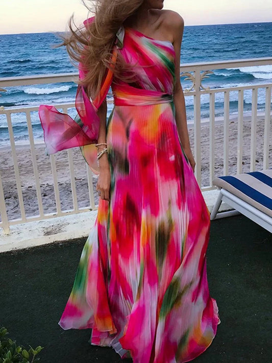 FashionSierra - 2025 Colorful Gradient Print Skew Collar Bow Boho Dress