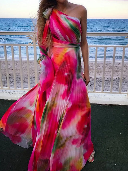 FashionSierra - 2025 Colorful Gradient Print Skew Collar Bow Boho Dress