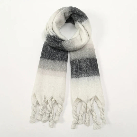 Cashmere Thick Warm Blanket Colorful Plaid With Long Tassels Soft Wrap Scarf Grey- White Scarfs-L