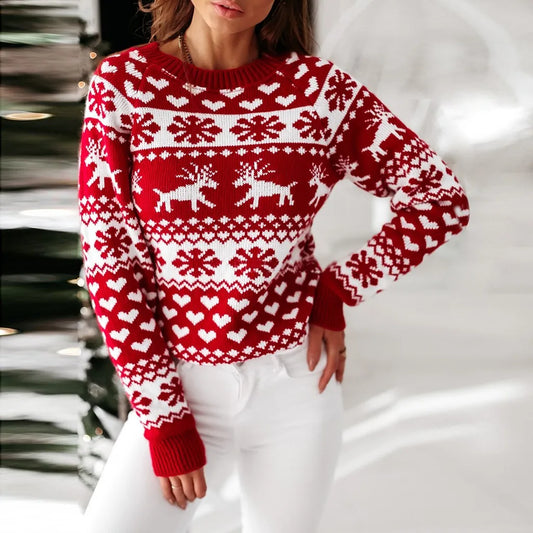 Casual Long Sleeve Print Pullover Knitted Christmas Sweater Red / S Sweaters-L