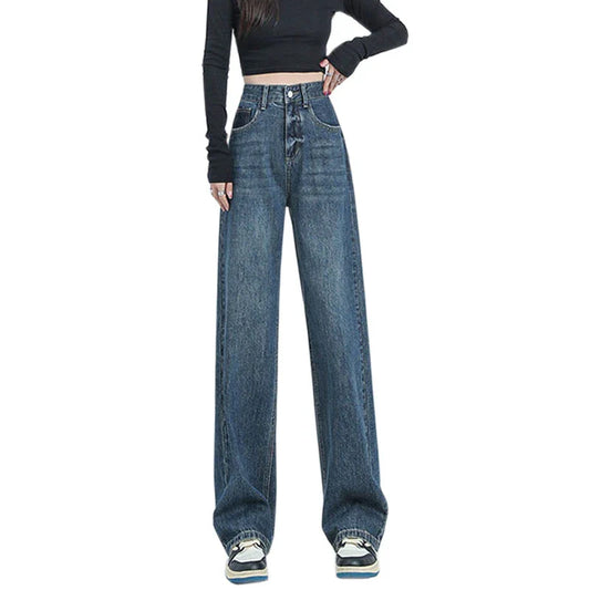 Women Waist Thin Loose Straight Large Size Retro Wide-Legged Dragging Jeans