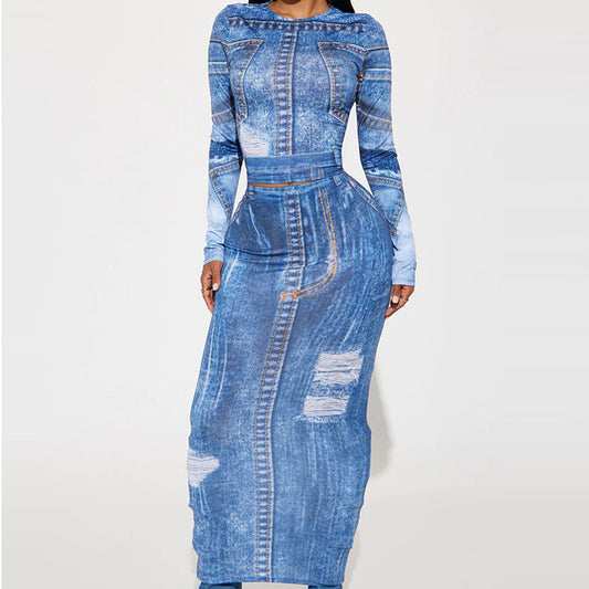2025 Autumn New Two-Piece Denim Print Round Neck Long Sleeve Top Slim Fit Bodycon Long Skirt Suit