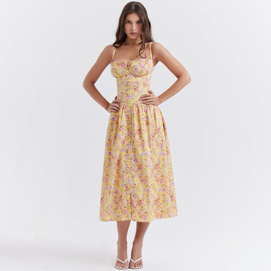 Dress Square Collar Cami Dress Slim Fit Backless Sweet Spicy Wind Floral Dress