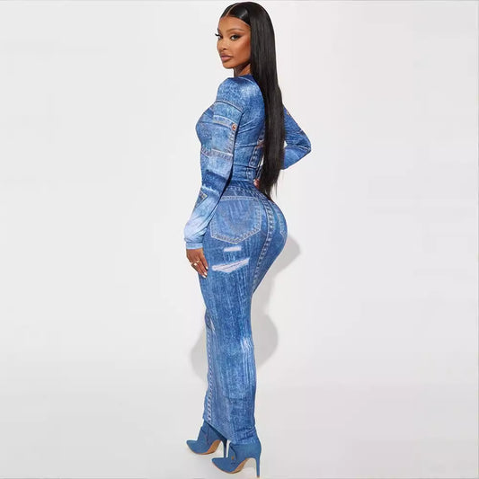 2025 Autumn New Two-Piece Denim Print Round Neck Long Sleeve Top Slim Fit Bodycon Long Skirt Suit
