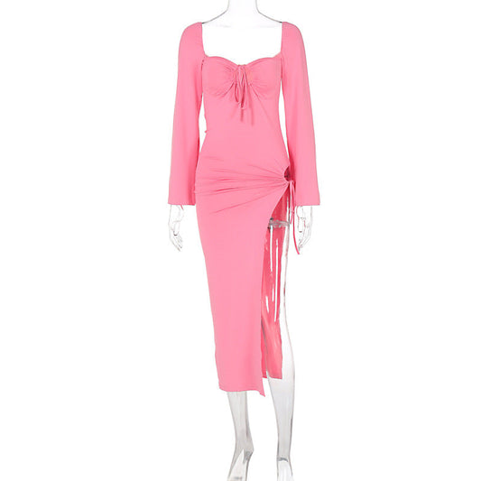 Long Sleeve Lace Up Slim Fit Backless Hollow Out Cutout Split Dress