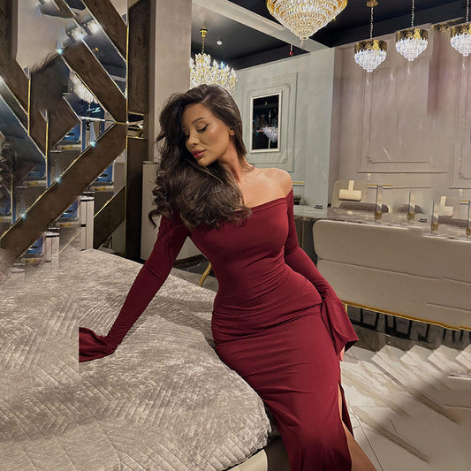 Fall Maxi Dress Socialite Elegant Slim off Shoulder Tied