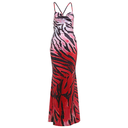 Backless Lace up Gradient Spaghetti Strap Floral Print Dress Maxi for