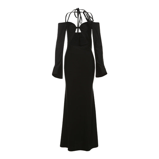 Hollow Out Cutout out Backless Lace up Halterneck Solid Color