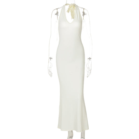 V neck Halter Maxi Dress Backless Slim Fit Solid Color