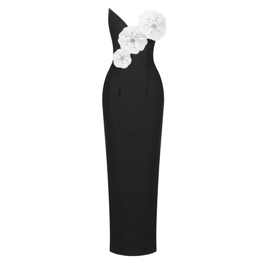 Black Tube Top Dress Floral Diamond Core Split off-Shoulder Design
