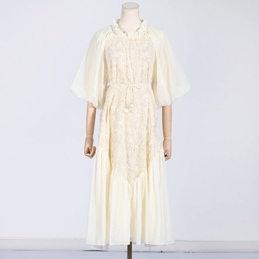 round Neck Wooden Ear Embroidery Tie Neck Slim Waist Solid Color Dress