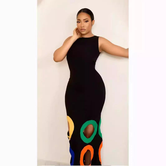 round Neck Sleeveless Color Matching Hollow Out Cutout out Embroidered A line Maxi Dress