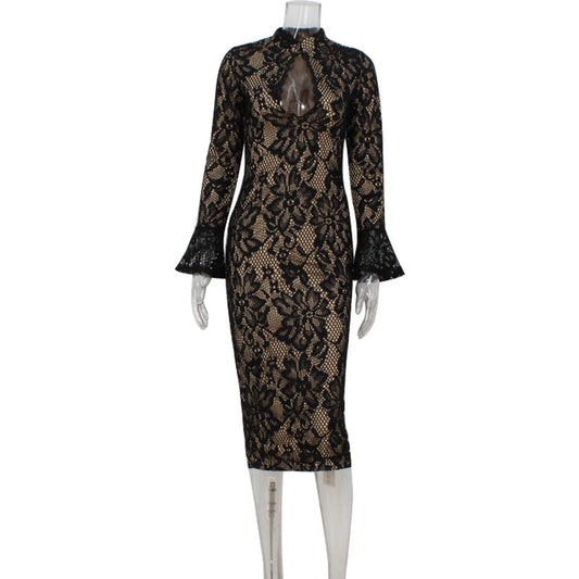 Wear Long Sleeve Lace Hollow Out Cutout out Slim Fit Elegant Hip Dress