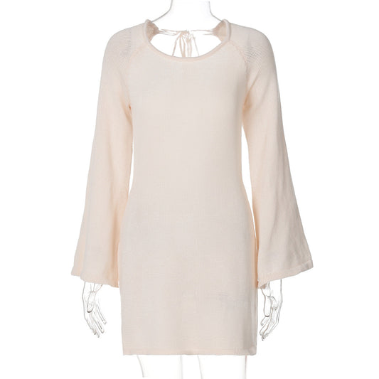 Solid Color Woolen Bell Sleeve Loose Backless