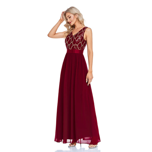 Double V Neck Sleeveless Sequined Chiffon Floor Length A Line Evening Dress Thirteen Party Dress