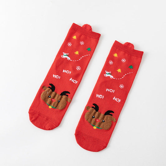 Cute Cartoon 3D Ear Red Mid Calf Christmas Socks