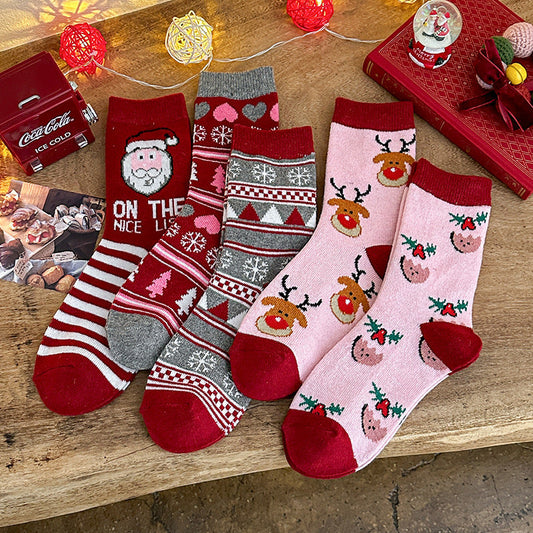 5 Pack Cartoon Wool Warm Mid Calf Cute Christmas Socks