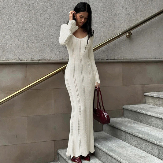 Solid Color Woolen Dress Long Sleeve U Collar Slim Fit Dress