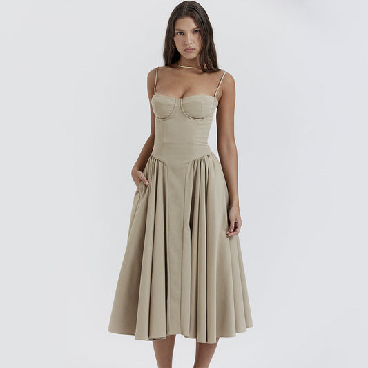 V neck Strap Mid Length Dress Waist Tight Slim Backless Dress for