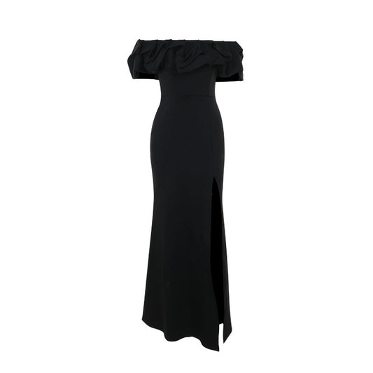 off the Shoulder Pleated Slit Formal Dress Long dress Socialite Slim Fit Slit