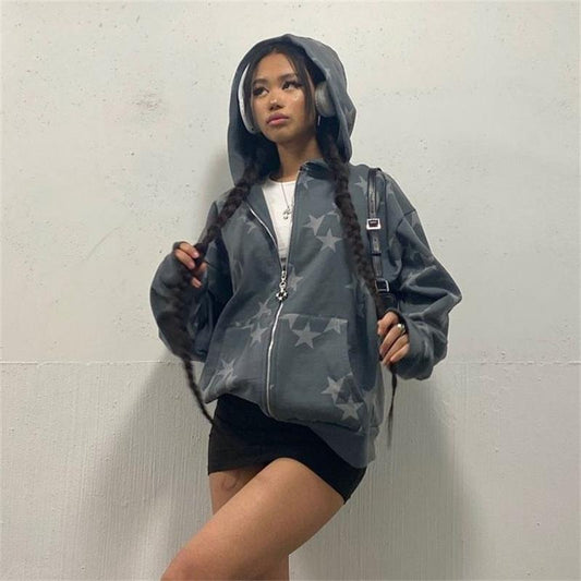 Y2k Zip Up Hoodies Vintage Star Print Sweatshirts