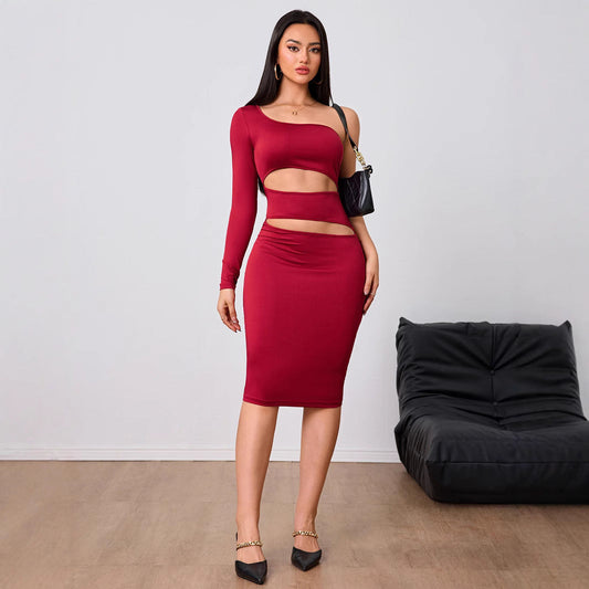 Wine Red Socialite Dress Single Side Sleeve Midi Dress