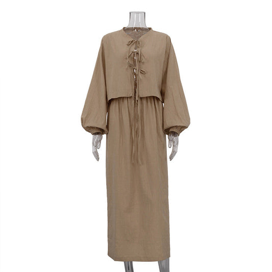 Retro Tea Dress for Puff Sleeve Shirt Set Summer