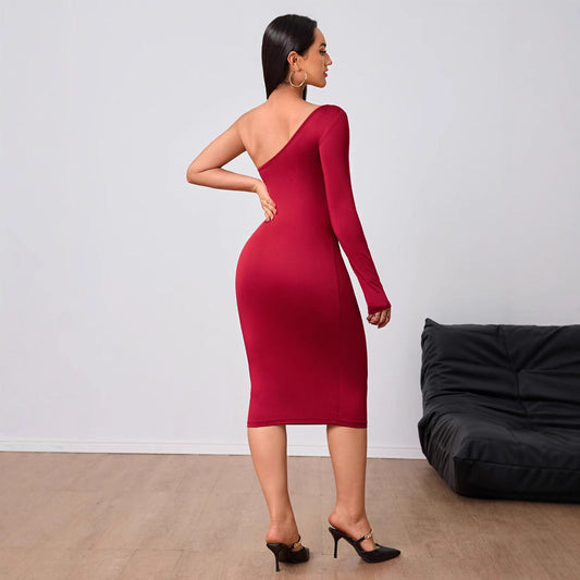 Wine Red Socialite Dress Single Side Sleeve Midi Dress