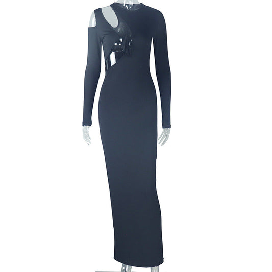 Solid Color Tied Irregular Asymmetric Pencil Skirt Long Sleeve round Neck Slim Fit Dress