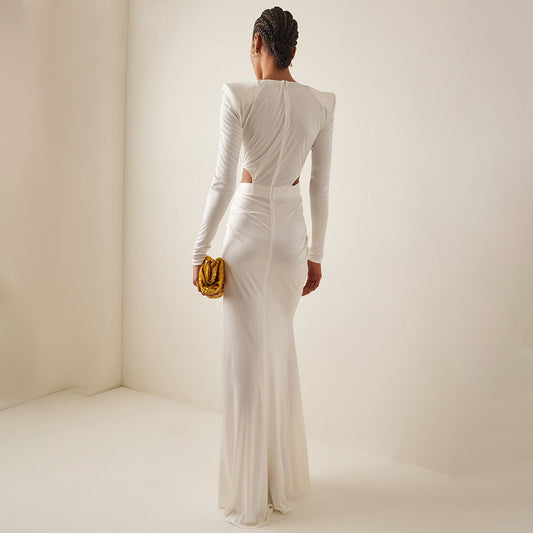 White Long Sleeve Pleating Hollow Out Cutout Cross Dress V Neck Metal Waist