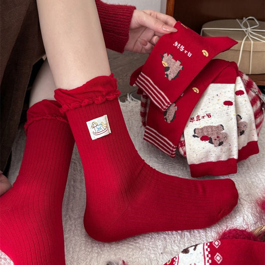 Red Retro Christmas Slouchy Crew Christmas Socks