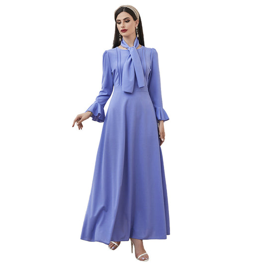 round Neck Long Sleeve High Waist Ruffles A line Dress Maxi Dress