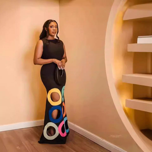 round Neck Sleeveless Color Matching Hollow Out Cutout out Embroidered A line Maxi Dress