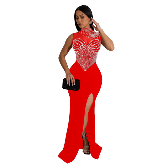 Solid Color Mesh Rhinestone Sleeveless Maxi Dress