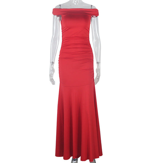 Wear Solid Color Elegant Tube Top Fairy Dress Zipper Raglan Sleeve off Neck Length Dress