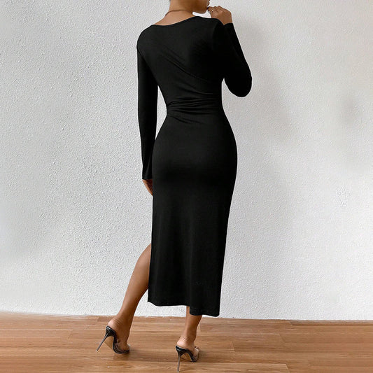 French Elegant Socialite Dress Square Collar Slit Slim Midi Dress