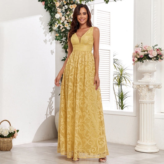 Sleeveless Pattern Lace Double V neck Elegant Evening Dress a Large Swing Back Zipper Full Lining Party Maxi Dress