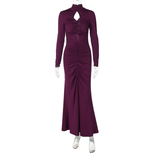 High Collar Hollow Out Cutout Slim Pleated Solid Color Long Sleeve