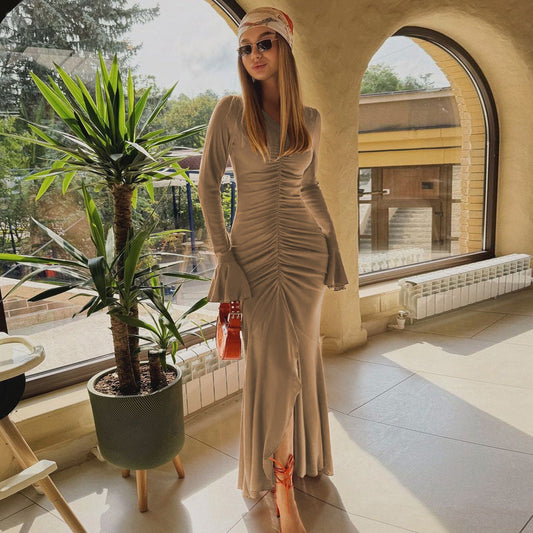 V Neck Pleated Slim Fit Flared Sleeves Maxi