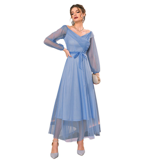 V neck High Waist Mesh Maxi Dress