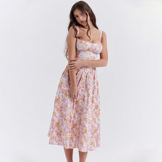 Dress Square Collar Cami Dress Slim Fit Backless Sweet Spicy Wind Floral Dress