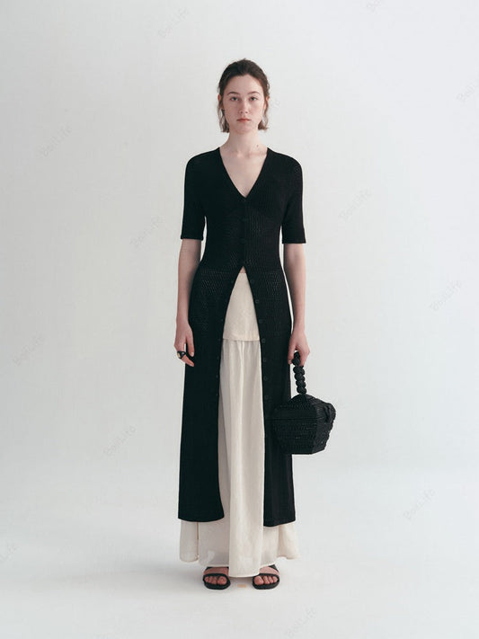 Long Knit Hollow-Out Short-Sleeve Cardigan