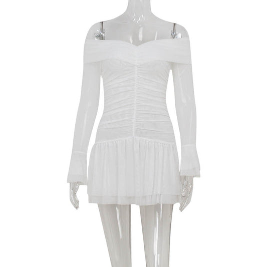 off Neck Long Sleeve High Waist Slimming Pleating A Line Solid Color Dress
