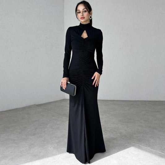 High Collar Hollow Out Cutout Slim Pleated Solid Color Long Sleeve