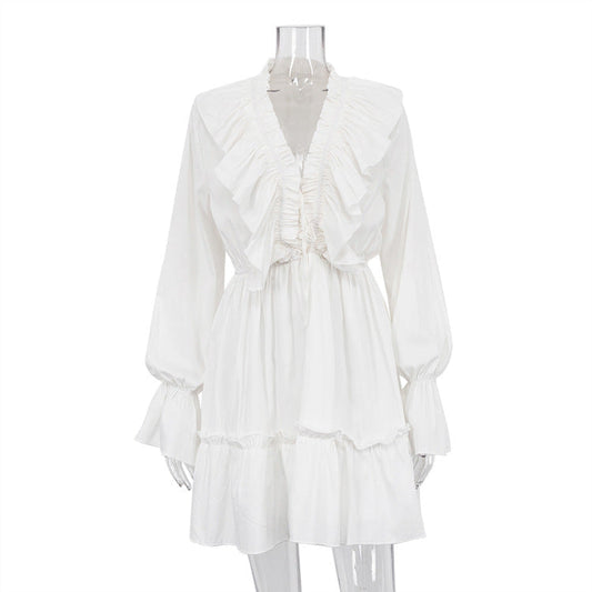 V neck Pleating Bell Sleeve Ruffled White Dress Design Petti dress