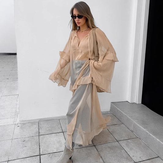 Khaki Batwing Sleeve Dress Sun Protective Blouse Maxi Dress for