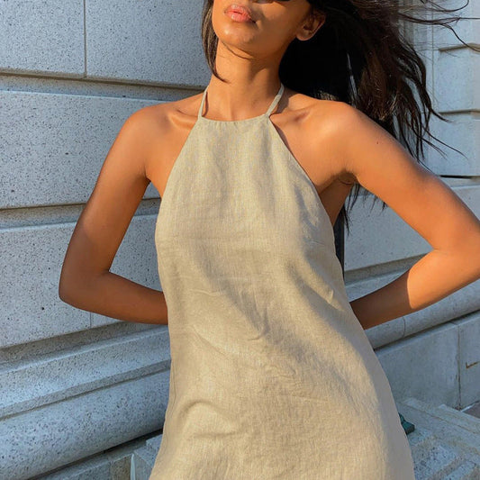 Cotton Linen Dress Backless Halter Lace up A line Dress