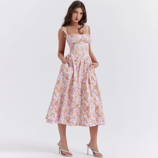 Dress Square Collar Cami Dress Slim Fit Backless Sweet Spicy Wind Floral Dress