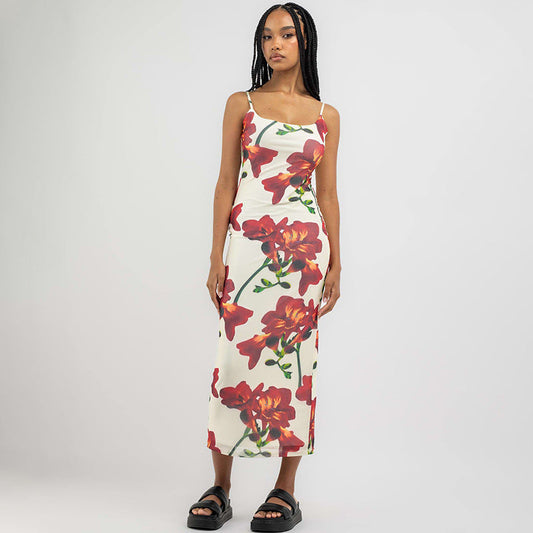 Spaghetti Strap Floral Print Stretch Slim Fit Dress Waist Sheath Dress